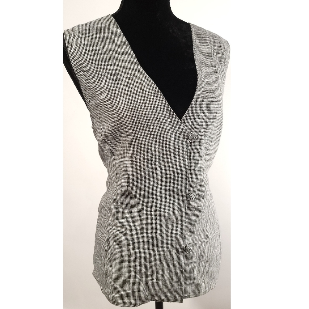 Orvis Black & White Check Lagenlook Knot Buttons 100% Linen Vest Sz Large 14/16